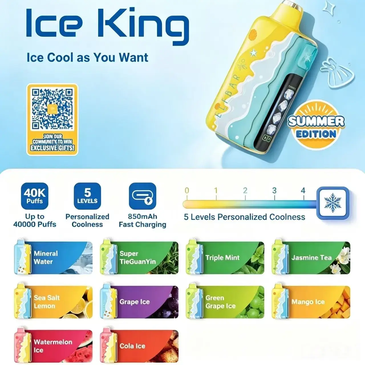 Ice King 冰神夏日版限定【40000口】ELFBAR 爱奇迹 5档冰度可调 850mAh快充长续航